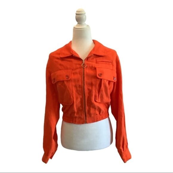 FLAWED Anthropology Cartonnier Orange Bomber Jacket. Button on Sleeve is cracked - Picture 1 of 6